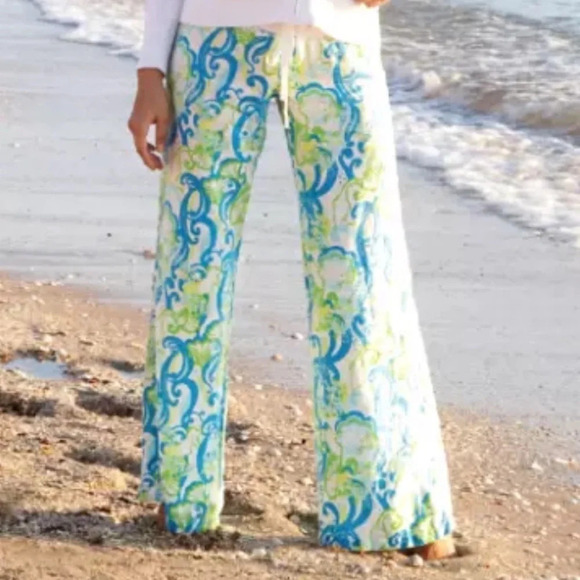 Lilly Pulitzer The Beach Pant Resort White Crystal Coast Blue Green Linen - Picture 1 of 13